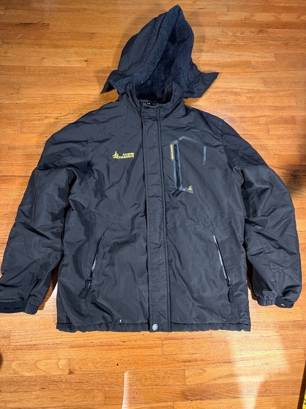 MOERDENG UNCO&BOROR Men’s Black Waterproof Ski Winter Jacket Fleece Hood Size M